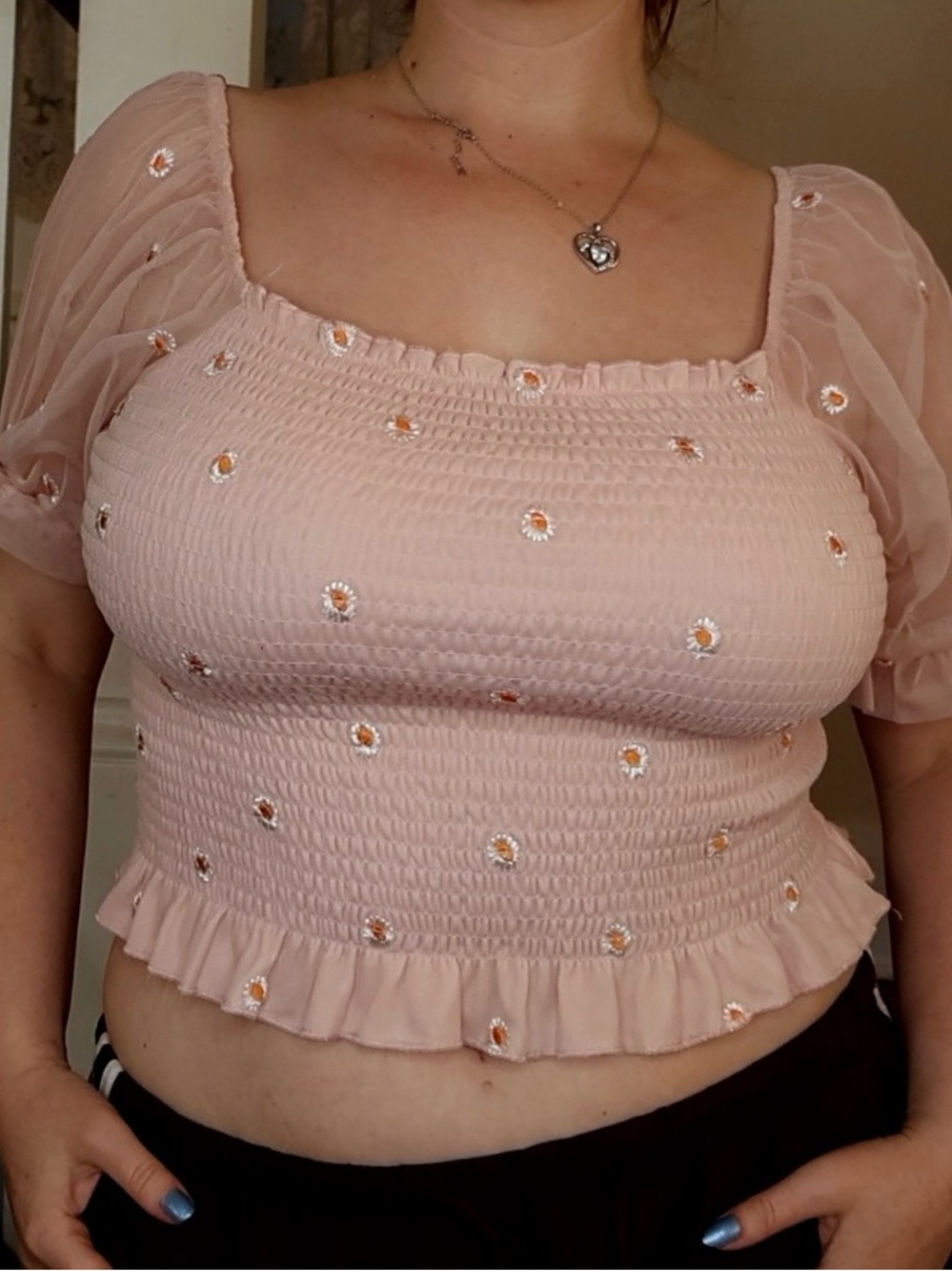 Altar'd State Blush Pink Smocked Daisy-Embroidered Crop Top